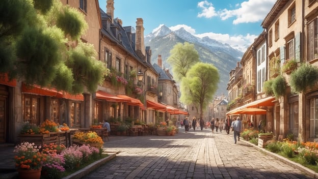 Gemütliche Straßenansicht mit blühenden Blumenbeeten, Cafés und Bergen im Hintergrund an einem sonnigen Tag.