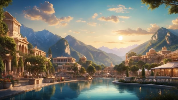 Eine malerische Sicht auf eine luxuriöse Stadt mit prächtigen Gebäuden, einem ruhigen Wasserlauf und majestätischen Bergen im Hintergrund.