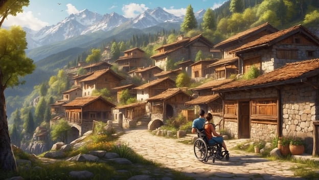 Ein Paar sitzt in einem Rollstuhl und genießt die Aussicht auf malerische, holzverkleidete Häuser in den Bergen.