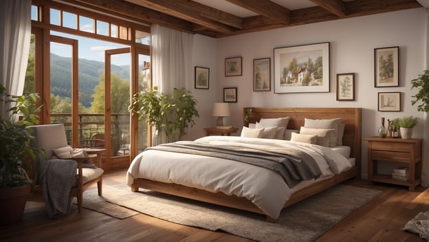 Ein helles Schlafzimmer mit einem großen Bett, Holzdekor, Pflanzen und Blick auf Berge durch große Fenster.
