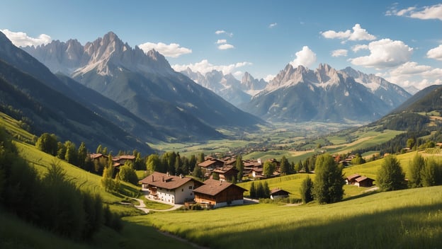 Berglandschaft mit grünem Tal, verstreuten Bauernhöfen und majestätischen Gipfeln unter blauem Himmel, ideal für Genuss und Sport.