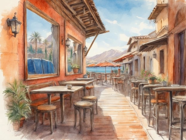 Auf dem Bild ist eine malerische Straße zu sehen, die von charmanten Häusern und einem einladenden Café gesäumt wird. Die Wände der Gebäude leuchten in warmen, erdigen Tönen, und die große Fensterfront des Cafés lädt dazu ein, die Aussicht zu genießen.Tische und Stühle aus Holz stehen außen, und kleine Pflanzen bringen eine grüne Note hinzu. Die Atmosphäre wirkt entspannt und einladend, perfekt, um bei einer Tasse Kaffee die Sonne zu genießen. Im Hintergrund erkennt man Palmen und Berge, die für eine tropische oder mediterrane Umgebung sprechen.Die gesamte Szenerie strahlt einen entspannten Lebensstil aus, ideal für ein spätes Frühstück oder einen gemütlichen Nachmittag mit Freunden. Die Sonnenstrahlen und das sanfte Licht verleihen dem Ort einen besonderen Charme, der zum Verweilen einlädt.