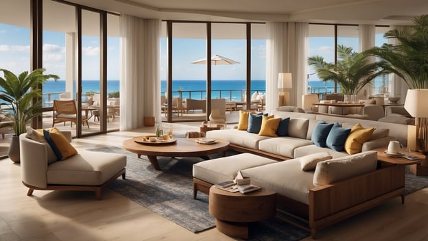 Luxuriöser Wohnbereich mit Meerblick, stilvollen Möbeln und Pflanzen, die einladende Atmosphäre schaffen. Entdecke das neue Hilton Resort: Luxus und Strandfeeling pur!