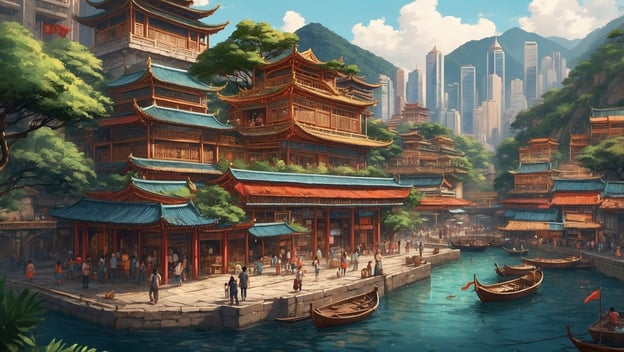 Eine traditionelle asiatische Architektur am Wasser, umgeben von Bäumen, mit modernen Wolkenkratzern im Hintergrund.