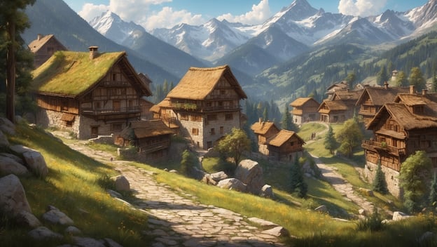 Idyllisches Bergdorf mit traditioneller Architektur, umgeben von hohen Bergen und grünen Wiesen, ideal für Familienabenteuer.