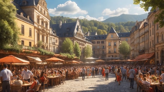 Ein belebter Platz mit Tischen und Stühlen unter orangefarbenen Sonnenschirmen, umgeben von historischen Gebäuden und Bäumen.