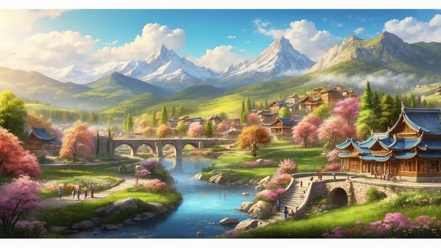 Eine malerische Landschaft mit Bergen, einem Fluss, blühenden Bäumen und traditionellen Gebäuden in einer frühlingshaften Umgebung.