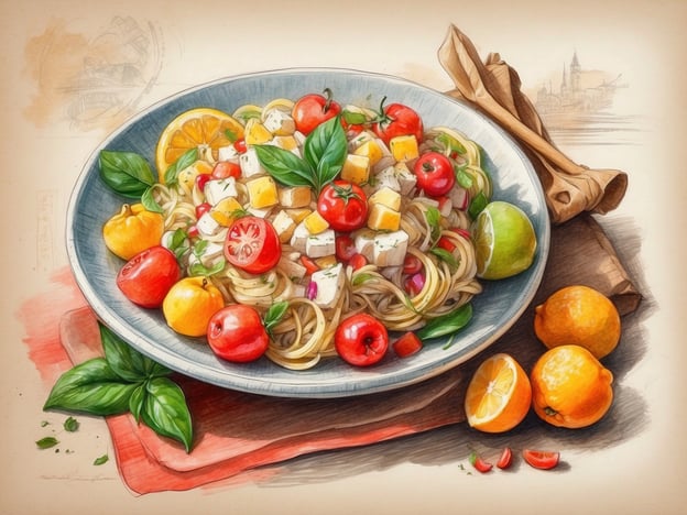 Auf dem Bild ist ein farbenfrohes Gericht zu sehen, das eine Mischung aus Pasta und frischen Zutaten zeigt. Die Nudeln sind von einer Vielzahl an Gemüsesorten umgeben, darunter Kirschtomaten, Paprika und kleine Zitrusfrüchte. Diese Zutaten verleihen dem Gericht eine lebendige Note. Auch frische Kräuter wie Basilikum sind sichtbar, was auf eine aromatische und mediterrane Küchenerfahrung hindeutet.Die Kombination aus Pasta und frischen, lebhaften Zutaten könnte inspirieren, mit den Geheimnissen der maltesischen Gewürze zu experimentieren, die oft die Frische und Vielfalt der Zutaten betonen.