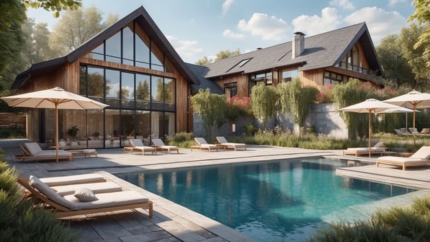 Moderne Villa mit großzügigem Pool, Liegen und Sonnenschirmen in einer grünen Umgebung, ideal für Entspannung und Freizeitgestaltung.