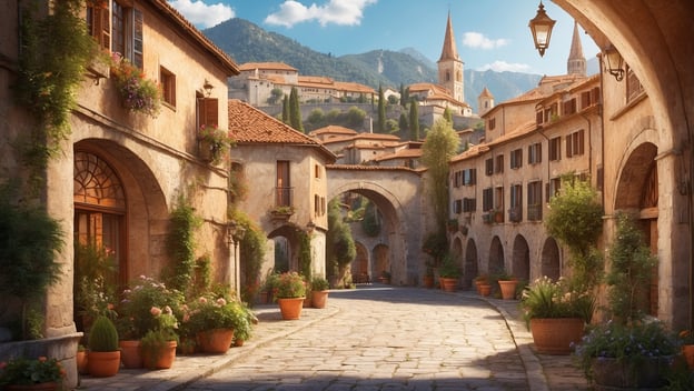 Eine malerische Gasse mit alten Gebäuden, Pflanzen in Töpfen und einem Bogen, umgeben von Bergen und blauen Himmel.