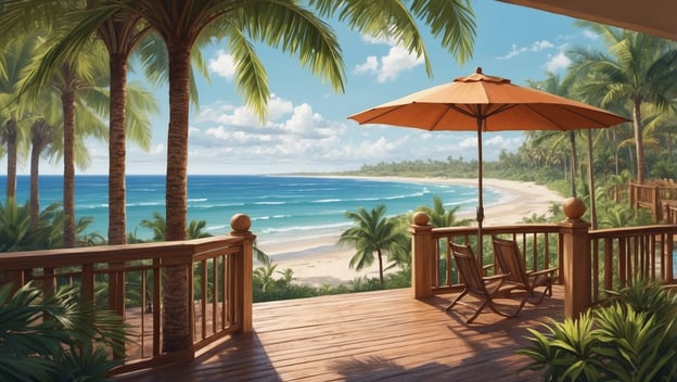 Ein Balkon mit Holzgeländer, zwei Liegestühlen und einem Sonnenschirm, umgeben von Palmen mit Blick auf den Strand und das Meer.