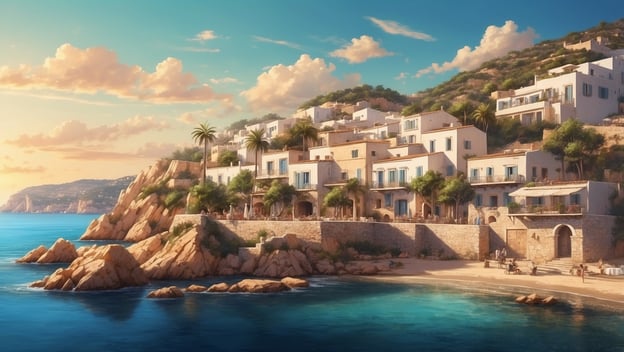 Mietwagen auf Ibiza im Sommer jetzt früh buchen, malerische Küstenlandschaft mit Häusern und klarem Wasser.