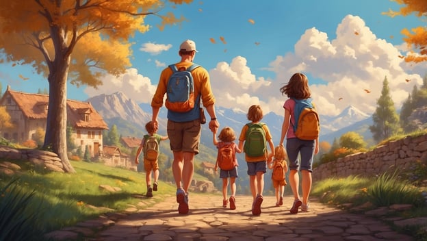 Eine Familie mit drei Kindern spaziert auf einem Weg, umgeben von Bergen und herbstlichen Bäumen.