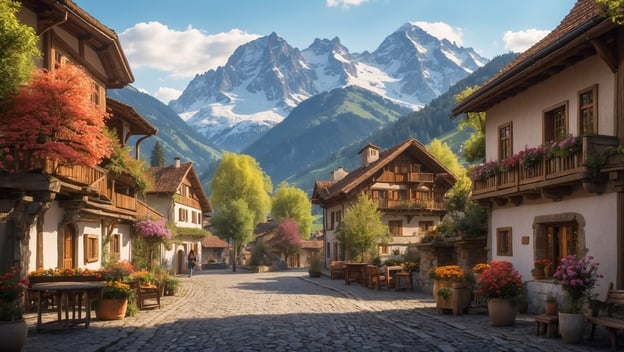 Idylle im Dorf mit blühenden Pflanzen, historischen Holzhäusern und majestätischen Bergen im Hintergrund. Frühlingserwachen in Klausen.