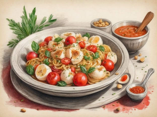 Auf dem Bild ist ein aromatisches Pastagericht mit verschiedenen Zutaten zu sehen, darunter Spaghetti, Kirschtomaten, frisches Basilikum und Mozzarella. Daneben befinden sich zwei Schalen, eine mit einer Tomatensauce und eine mit Nüssen.Essen spielt eine zentrale Rolle in der maltesischen Kultur, da es nicht nur den physikalischen Hunger stillt, sondern auch das soziale Miteinander fördert. Mahlzeiten sind oft Gelegenheiten für Familientreffen und Freundschaften. Die maltesische Küche spiegelt Einflüsse aus Italien, Nordafrika und dem Mittelmeer wider, wobei Pasta und frische Zutaten wie Tomaten und Kräuter eine wichtige Rolle spielen. Traditionelle Gerichte werden häufig zu besonderen Anlässen oder Feiertagen zubereitet, was die Verbundenheit mit der Kultur und Tradition stärkt.