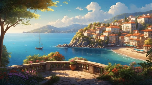 Ein malerischer Küstenort mit bunten Häusern, einem sandy Strand und einem Boot im klaren Wasser, umgeben von Bergen.