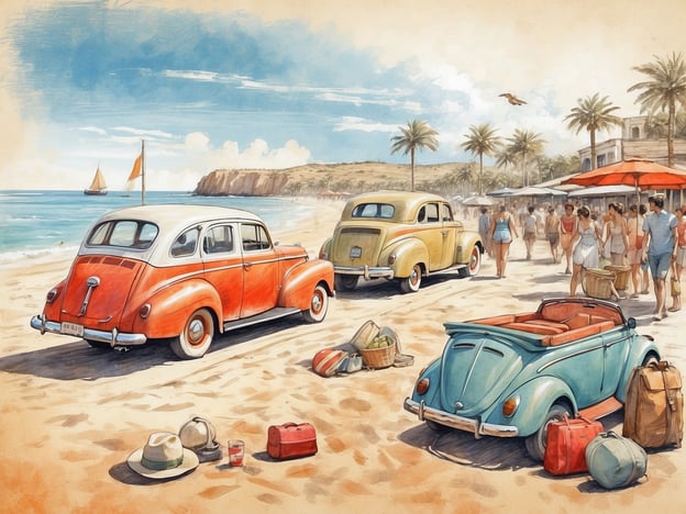 Auf dem Bild ist ein lebhafter Strandtag zu sehen. Es gibt mehrere klassische Autos, die auf dem Sand geparkt sind. Menschen flanieren am Strand, viele tragen Badekleidung und genießen die Sonne. Einige sind vermutlich auf dem Weg zu den umliegenden Strandcafés oder -bars.Aktivitäten könnten das Sonnenbaden, Schwimmen im Meer oder Picknicken am Strand sein. Die Szene strahlt eine entspannte, sommerliche Atmosphäre aus, ideal für einen Urlaubstag in einem Ferienort. Es gibt auch Sonnenliegen und Sonnenschirme, die die Strandbesucher vor der Sonne schützen.