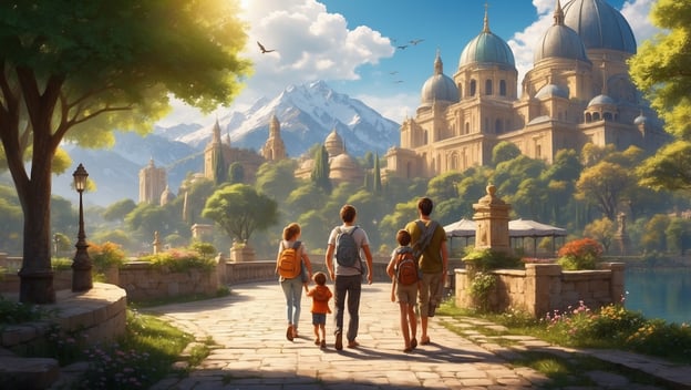 Eine Familie mit zwei Erwachsenen und drei Kindern spaziert auf einem Weg mit Blick auf eine malerische Stadtlandschaft und Berge.