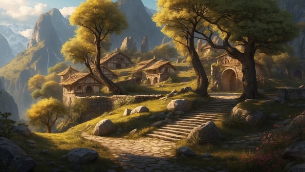 Landschaft mit sanften Hügeln, Bäumen und traditionellen Hütten, umgeben von Felsen und einer ruhigen Atmosphäre in der Natur.