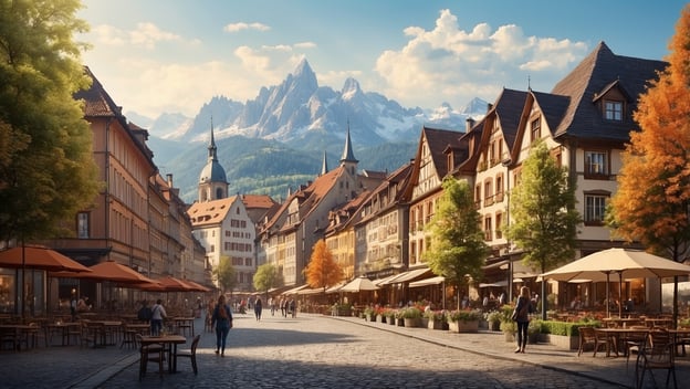 Ein malerischer Straßenblick mit Cafés, herbstlichen Bäumen und hohen Bergen im Hintergrund.