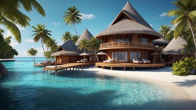 Luxuriöse, strohgedeckte Villen am Wasser, umgeben von Palmen und klarem, türkisfarbenem Wasser in der Baros Maldives.