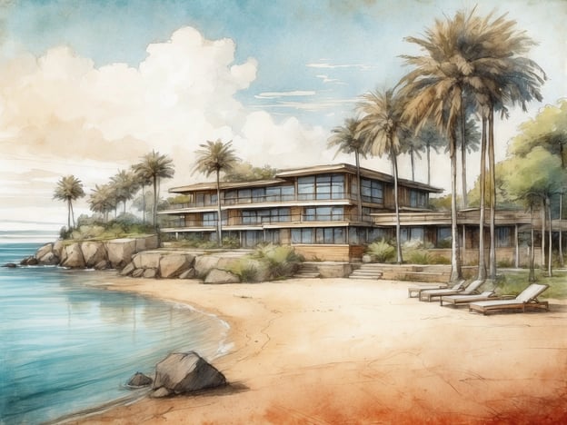 Eine elegante Strandvilla befindet sich an einer ruhigen Küste, umgeben von tropischen Palmen und sanften Wellen. Der sandy Strand erstreckt sich vor dem Gebäude, während große Steine am Ufer liegen. Die Villa hat große Fenster und eine moderne Holzarchitektur, die harmonisch in die natürliche Umgebung integriert ist. Im Vordergrund stehen Liegestühle, die zu Entspannung am Strand einladen. Der Himmel ist klar mit sanften Wolken und vermittelt eine friedliche Urlaubsatmosphäre.