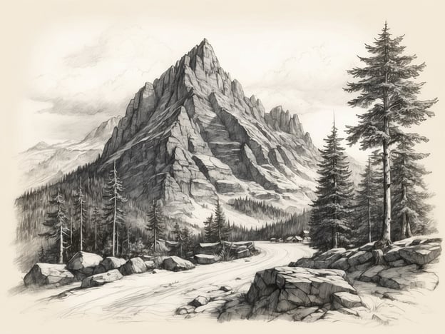 Auf dem Bild ist eine malerische Berglandschaft mit einem imposanten Gebirgsmassiv zu sehen. Die Umgebung ist von hohen, schlanken Tannenbäumen gesäumt, die eine natürliche Kulisse bieten. An der Straße, die sich durch die Landschaft schlängelt, könnte man Aktivitäten wie Wandern, Radfahren oder einfach einen entspannenden Spaziergang unternehmen.Die Berge laden auch zu aufregenden Outdoor-Aktivitäten wie Klettern oder Skifahren ein. In der Nähe könnten kleine Hütten oder Berghüfen stehen, die als Rastplätze oder Unterkunft für Wanderer und Naturliebhaber dienen. Die gesamte Szenerie vermittelt eine ruhige, entspannende Atmosphäre, perfekt für einen Ausflug in die Natur.