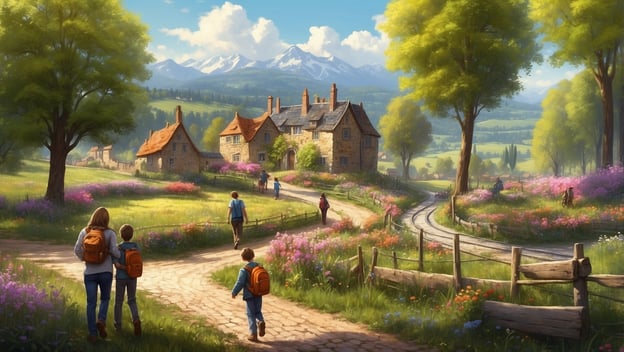 Eine Familie spaziert auf einem gepflasterten Weg durch eine blühende Landschaft mit Häusern und Bergen im Hintergrund.