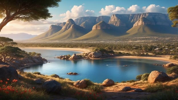 Landschaft mit Bergen, einem ruhigen Gewässer und einer Sandbucht, umgeben von Felsen und Pflanzen.