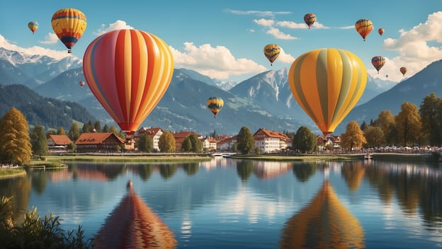 Bunte Heißluftballons steigen über dem Tegernsee auf, umgeben von Bergen und einer malerischen Landschaft.