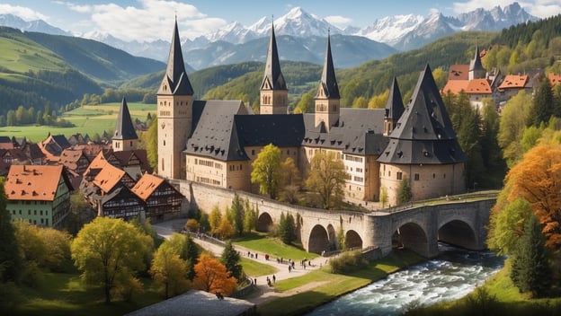 Eine malerische Landschaft mit einem mittelalterlichen Schloss, umgeben von Bergen, Wäldern und bunten Bäumen.