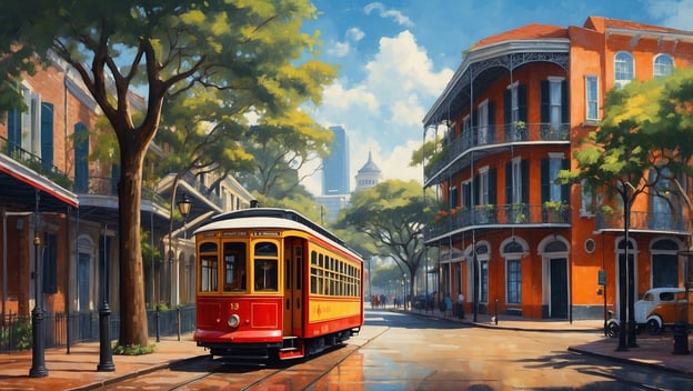 Ein rotes Straßenbahndepot fährt durch eine sonnige Straße mit historischen Gebäuden und Bäumen in New Orleans.