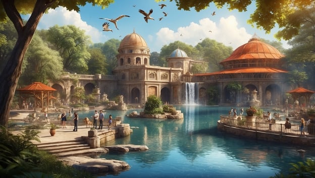 Entdecke die bunten Vogelwelten im Zoo Leipzig jetzt erleben. Ruhige Teichlandschaft mit architektonischen Gebäuden und Besuchern.