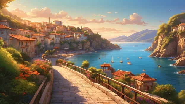 Eine malerische Küstenlandschaft mit einem schmalen Weg, bunter Vegetation, Häusern an der Klippe und einem ruhigen Wasser.