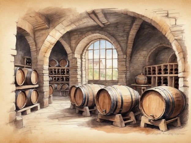 Auf dem Bild ist ein Weinkeller zu sehen, der mit Holzfässern ausgestattet ist. Die Architektur des Raumes zeigt abgerundete Bögen und massive Wände, was typisch für die Weinkeller in Moldau ist. Diese Keller haben eine lange Geschichte, die bis ins Mittelalter zurückreicht, als die Weinproduktion in der Region florierte.Die Moldau ist bekannt für ihre vielfältigen Weinbaugebiete, die sich an den sanften Hängen entlang der Flüsse erstrecken. Hier lagern die Winzer ihre Weine in kühlen, dunklen Räumen, um die besten Aromen zu entwickeln. Die Lagerung in Holzfässern verleiht dem Wein zudem besondere Geschmacksnuancen, die von den Tanninen des Holzes stammen. Dieser Weinkeller ist also nicht nur ein Lagerraum, sondern auch ein Ort der Tradition und der Handwerkskunst, die die Weinbereitung in Moldau prägen.