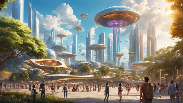 Futuristische Stadtlandschaft mit schwebenden Plattformen, hohen Gebäuden und Menschen, die den Raum erkunden.