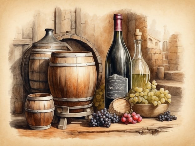 Auf dem Bild sind verschiedene Elemente zu sehen, die mit der traditionellen Weinherstellung in Verbindung stehen. Es gibt mehrere Holzfässer, die typischerweise zur Lagerung und Reifung von Wein verwendet werden. In der Mitte steht eine Flasche Wein, die die Endprodukte der Weinherstellung symbolisiert.Zusätzlich sind Weintrauben in verschiedenen Farben (grün, rot und schwarz) auf einem Tisch angeordnet, was darauf hinweist, dass sie einen wichtigen Bestandteil der Weinproduktion darstellen. Diese Trauben werden heute ebenso wie in der Vergangenheit geerntet und gepresst, um den Saft für die Fermentation zu gewinnen. Das Bild vermittelt eine rustikale Atmosphäre, die die Tradition und Handwerkskunst der Weinherstellung dokumentiert.