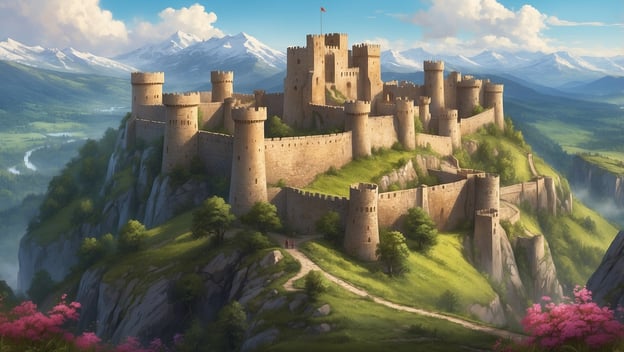 Eine große Burg auf einem Hügel, umgeben von Natur, Bergen im Hintergrund und bunten Blumen im Vordergrund.