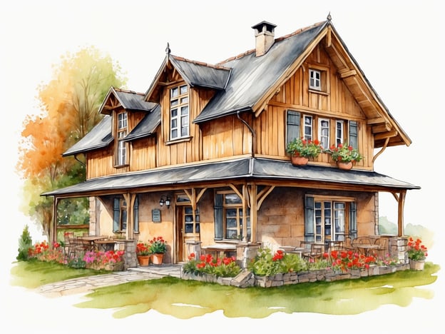 Auf dem Bild ist ein malerisches Holzhaus zu sehen, das durch seine rustikale Architektur besticht. Es hat einen großen Eingang mit einer Veranda, auf der Tische und Stühle platziert sind, ideal für Gäste, die draußen sitzen und die Umgebung genießen möchten. Der Garten ist liebevoll mit blühenden Blumen und Pflanzen gestaltet, was eine einladende Atmosphäre schafft.Dieses Haus könnte als Unterkunft dienen, möglicherweise als Ferienhaus oder Bed & Breakfast. Es bietet Raum für Erholung und eine gemütliche Umgebung, in der Gäste sich wohlfühlen können. Die Veranda und die Gartenmöbel deuten darauf hin, dass hier auch gastronomische Angebote, wie zum Beispiel Frühstück oder Snacks im Freien, möglich sind.