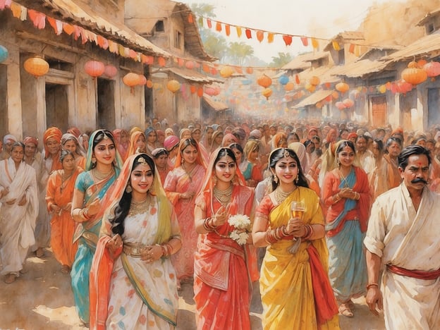 Auf dem Bild ist eine lebhafte Szene zu sehen, die wahrscheinlich während einer kulturellen Veranstaltung oder eines Festivals stattfindet. Es gibt mehrere Frauen, die farbenfrohe traditionelle Kleider tragen, und sie scheinen Teil eines Festzugs zu sein. Die Straßen sind mit Laternen geschmückt, was auf eine feierliche Atmosphäre hindeutet.Solche Festlichkeiten könnten an wichtige kulturelle Ereignisse wie Diwali, das indische Lichterfest, oder Hochzeiten in verschiedenen Regionen Indiens erinnern, wo gemeinschaftliches Feiern und traditionelle Trachten eine zentrale Rolle spielen. Es ist ein Ausdruck von Freude, Gemeinschaft und kulturellem Erbe.