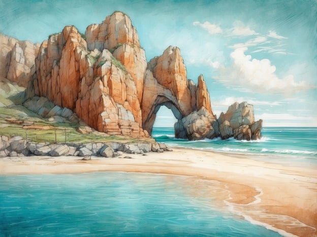 Auf dem Bild sind atemberaubende Naturschönheiten zu sehen, die an die Côte d'Azur erinnern. Majestätische, rötliche Klippen erheben sich über einen ruhigen Strand, und der klare, türkisfarbene Ozean lädt zum Entspannen ein. Die geschwungene Form des Steinbogens zwischen den Felsen schafft ein beeindruckendes Naturwunder und bietet einen faszinierenden Kontrast zur sanften Küstenlinie und dem blauen Himmel mit niedrigen Wolken. Solche Landschaften sind typisch für die Schönheit der Côte d'Azur, die für ihre dramatischen Küsten und malerischen Szenerien bekannt ist.