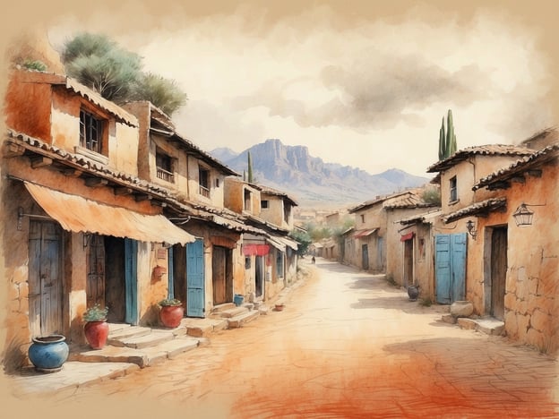 Auf dem Bild ist eine malerische, rustikale Straße in einem kleinen, historischen Dorf zu sehen. Die Gebäude sind traditionell aus Stein oder Lehm gebaut, mit schmalen Gassen und bunten Türen, die verschiedenen kulturellen Einflüssen Ausdruck verleihen.Die Szenerie strahlt eine friedliche Atmosphäre aus, verstärkt durch die umliegende Landschaft mit Bergen im Hintergrund. Töpfe mit Pflanzen vor den Häusern und die sanften Farben des Bildes vermitteln ein Gefühl von Heimatlichkeit und ländlichem Leben abseits des modernen Glamours. Solche Orte erzählen oft Geschichten von Traditionen, Gemeinschaft und Handwerk, die in der heutigen schnelllebigen Welt oft in den Hintergrund gedrängt werden.