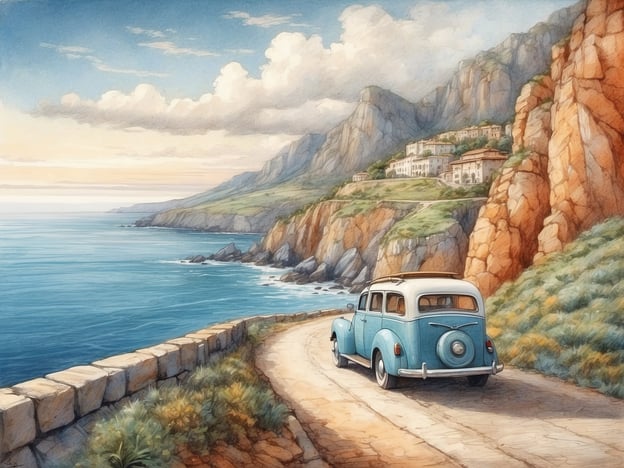 Auf dem Bild ist eine malerische Küstenstraße zu sehen, die sich entlang eines felsigen Küstenabschnitts schlängelt.**Die Strecke:** Sie ist kurvenreich und führt am Meer entlang, mit einem Blick auf die ruhige, blaue See und die sanften Wellen, die gegen die Felsen schlagen. Es gibt einen schmalen Asphaltweg, der von einer steinernen Mauer begrenzt wird.**Besonderheiten:** In der Landschaft erkennt man die beeindruckenden Klippen, die hinter der Straße aufragen, sowie einige Gebäude, die sich auf den Hügeln befinden. Ein vintage-blauer Wagen fährt auf dieser reizvollen Strecke, was der Szenerie einen nostalgischen Charakter verleiht. Der Himmel ist klar mit einigen Wolken, die dem Bild eine friedliche Atmosphäre verleihen.