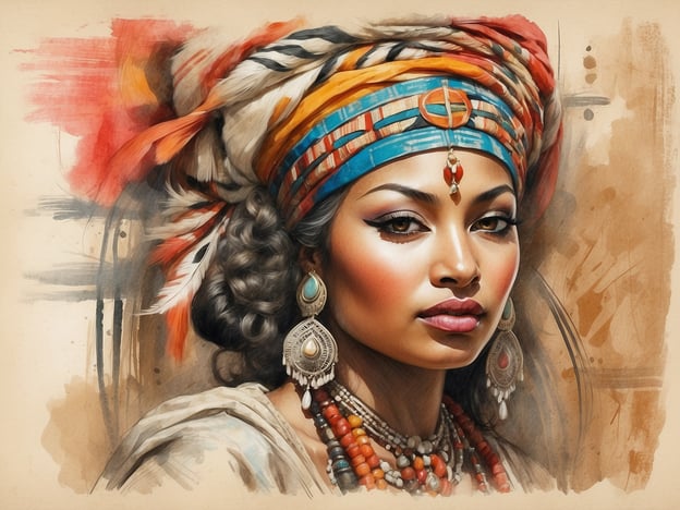 Das Bild zeigt eine Frau, die mit beeindruckendem traditionellen Schmuck und einer kunstvollen Kopfbedeckung dargestellt ist. Ihre Kleidung und Accessoires reflektieren eine kulturelle Vielfalt, die oft in indigenen oder traditionellen Gemeinschaften zu finden ist.Die Kopfbedeckung wirken farbenfroh und symbolisch, was auf die Bedeutung von Traditionen und kulturellem Erbe hindeutet. Die Verwendung von Perlen, Federn und anderen Materialien zeigt, wie verschiedene Kulturen ihre Identität durch Mode und Schmuck ausdrücken. Diese Darstellungen können sowohl Stolz auf die eigene Herkunft als auch die Bedeutung von Gemeinschaft und Tradition verkörpern. Solche Bilder tragen dazu bei, das Bewusstsein für die Schönheit und Vielfalt der Weltkulturen zu fördern.
