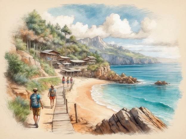 Auf dem Bild sieht man eine malerische Küstenlandschaft mit einer kleinen Gruppe von Wanderern, die auf einem Holzsteg entlang des Strandes spazieren. Im Hintergrund sind sanfte Hügel und Bäume zu erkennen, sowie einige rustikale Hütten, die am Hang stehen.In dieser Umgebung könnten verschiedene Aktivitäten und Freizeitmöglichkeiten genossen werden, wie zum Beispiel:1. **Wandern**: Es gibt zahlreiche Wanderwege, die atemberaubende Ausblicke auf das Meer und die Berge bieten.2. **Schwimmen**: Die Strände laden zum Schwimmen und Entspannen im Wasser ein.3. **Schnorcheln**: In den klaren Gewässern könnten viele interessante Meereslebewesen entdeckt werden.4. **Fotografie**: Die idyllische Landschaft bietet wunderbare Motive für Landschafts- und Naturfotografie.5. **Picknicks**: An den Stränden oder in den Wäldern könnten Picknicks organisiert werden.6. **Vogelbeobachtung**: In der Umgebung leben sicherlich viele verschiedene Vogelarten, die beobachtet werden können.Diese Möglichkeiten machen die Region zu einem attraktiven Ziel für Naturliebhaber und Outdoor-Enthusiasten.
