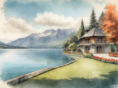 Eine malerische Aussicht auf einen ruhigen See, umgeben von majestätischen Bergen. Im Vordergrund ist ein gepflegter Garten mit einer gepflegten Rasenfläche und bunten Blumenbeeten zu sehen. Neben dem Wasser steht ein hübsches, zweigeschossiges Holzhaus mit Steinelementen und einem Balkon, der den Blick auf die Landschaft öffnet. Am Horizont erheben sich die schneebedeckten Gipfel der Berge unter einem klaren blauen Himmel mit einigen weißen Wolken. Diese Szene strahlt eine friedliche und einladende Atmosphäre aus, ideal für einen Urlaub im Roompot Park - La Nublière.