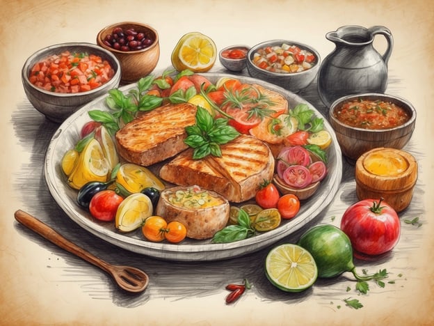 Auf dem Bild ist ein reichhaltiger Teller mit verschiedenen kulinarischen Highlights und lokalen Spezialitäten zu sehen. Im Mittelpunkt liegt gegrillter Fisch oder Fleisch, umgeben von frischem Gemüse und aromatischen Kräutern.Die bunten Tomaten, Zitronen, Limetten und kleinen Früchte wie Kumquats sorgen für eine lebendige Farbe und Frische. Daneben befinden sich mehrere Schalen mit verschiedenen Dips oder Salsas, die typischerweise in der mediterranen oder mexikanischen Küche serviert werden.Die Kombination von Grillgerichten und frischem Gemüse sowie die Vielfalt der Saucen und Beilagen machen dieses Menü zu einem Fest der Aromen, das regionale Zutaten und traditionelle Zubereitungsarten gekonnt vereint.