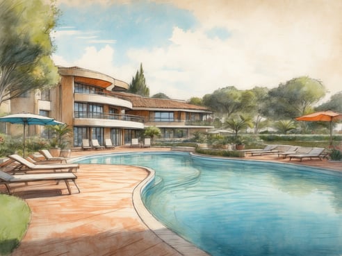 Eine künstlerische Darstellung des Roompot Parks Cap Sud. Im Vordergrund sieht man einen Swimmingpool, umgeben von Liegen und Sonnenschirmen. Im Hintergrund befinden sich mehrstöckige Gebäude mit großen Fenstern und Balkonen, umgeben von Bäumen und mediterranen Pflanzen. Der Himmel ist hell und klar, was eine einladende Atmosphäre schafft.