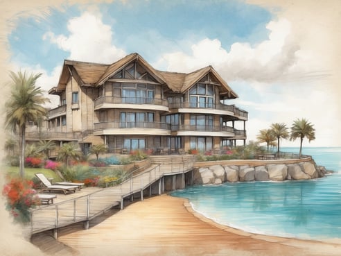 Eine moderne, mehrstöckige Villa am Ufer mit großen Fenstern und einem charakteristischen Dach steht im Vordergrund. Der Boden ist mit Holzplanken bedeckt, die zu einem kleinen Strandbereich führen. Um die Villa herum sind üppige, grüne Palmen und blühende Blumen in verschiedenen Farben angeordnet. Im Hintergrund schimmert ruhiges, blaues Wasser unter einem klaren Himmel mit wenigen Wolken.