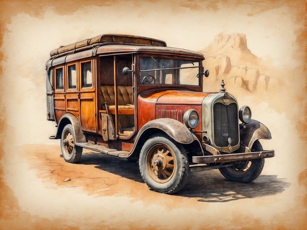 Auf dem Bild ist ein nostalgischer Oldtimer zu sehen, ein charmantes Fahrzeug aus den 1920er Jahren. Dieser robuste Holzlieferwagen, mit seiner warmen, abblätternden Lackierung und dem glänzenden Chrom, erzählt Geschichten von abenteuerlichen Reisen durch staubige Landschaften und über holprige Straßen.Stell dir vor, wie dieser Wagen einst von einer Familie genutzt wurde, die sich auf die Reise zu einem fernen Ziel begab. Die Kinder saßen auf der Rückbank, aufgeregt über die neuen Erlebnisse, während die Eltern geduldig das Steuer hielten. Der Wind wehte durch die offenen Fenster, und die Luft war erfüllt von der Frische des Morgens und dem Geruch von Abenteuer.Das Dach war voller Gepäck – große Koffer, wohlgepackt mit Erinnerungen und Hoffnungen für das kommende Abenteuer. Während das Fahrzeug über die sanften Hügel rollte und die Sonne langsam am Horizont unterging, leuchteten die Sterne am Himmel auf und begleiteten sie auf ihrer Reise durch die Nacht.Heute, inmitten der Wüste, steht dieser Wagen wie ein Relikt vergangener Zeiten, ein stille Zeuge von Träumen und Erlebnissen, die nie vergessen werden. Er ruft dazu auf, innezuhalten und sich an die Geschichten zu erinnern, die er beherbergt.